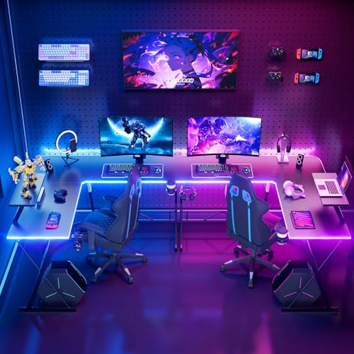 Black 51 Inch L Shaped Gaming Desk with LED Lights C27319