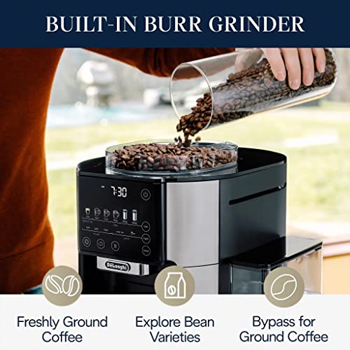 Drip Coffee Maker with Built in Grinder, Single Serve, 8 oz to 24 oz, 40 oz Carafe, Stainless, Silver/Black H720717