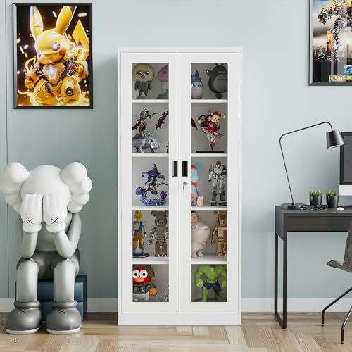 71" Locking Steel Cabinet with Tempered Glass Door, 2 Adjustable Shelves, 4 Doors, White A303