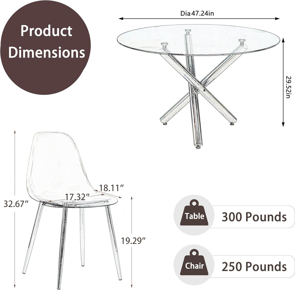 Gold Round Glass 7 PCS Dining Table Set with Clear Acrylic Chair U3620