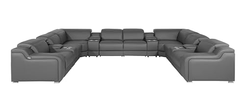 12-Piece Italian Leather Sectional Sofa Set with 4 Recliners, Light Gray G10877