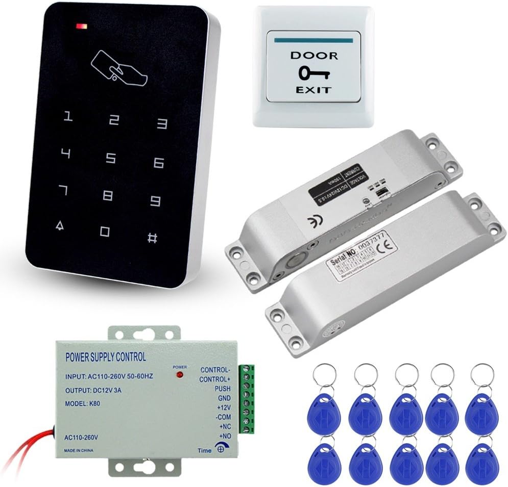 RFID Access Control Keypad 125KHz with DC12V Electric Lock, 3A Power Supply, Exit Button, 10pcs ID Key Cards T333