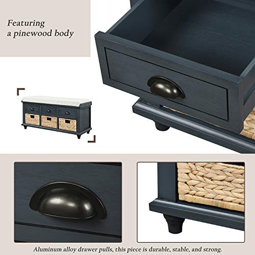 Navy Wood Shoe Storage Bench with Cushion and 2 Drawers V905