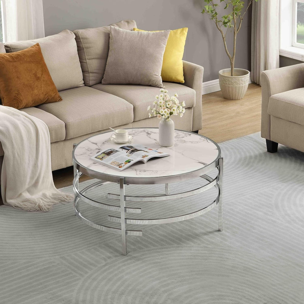Modern Round Coffee Table with Faux Marble Sintered Stone & Silver Metal Frame B41328