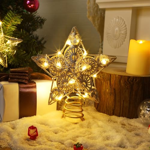 Star Tree Topper with 20 LED Lights, Metal Golden Lighted Treetop Ornaments, 6.5 x 6.5 Inches T48444