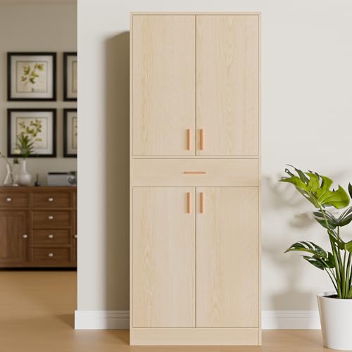 71" Tall 4 Doors Wood Freestanding Cupboard with Sliding Drawer and 2 Adjustable Shelves, Oak K5887