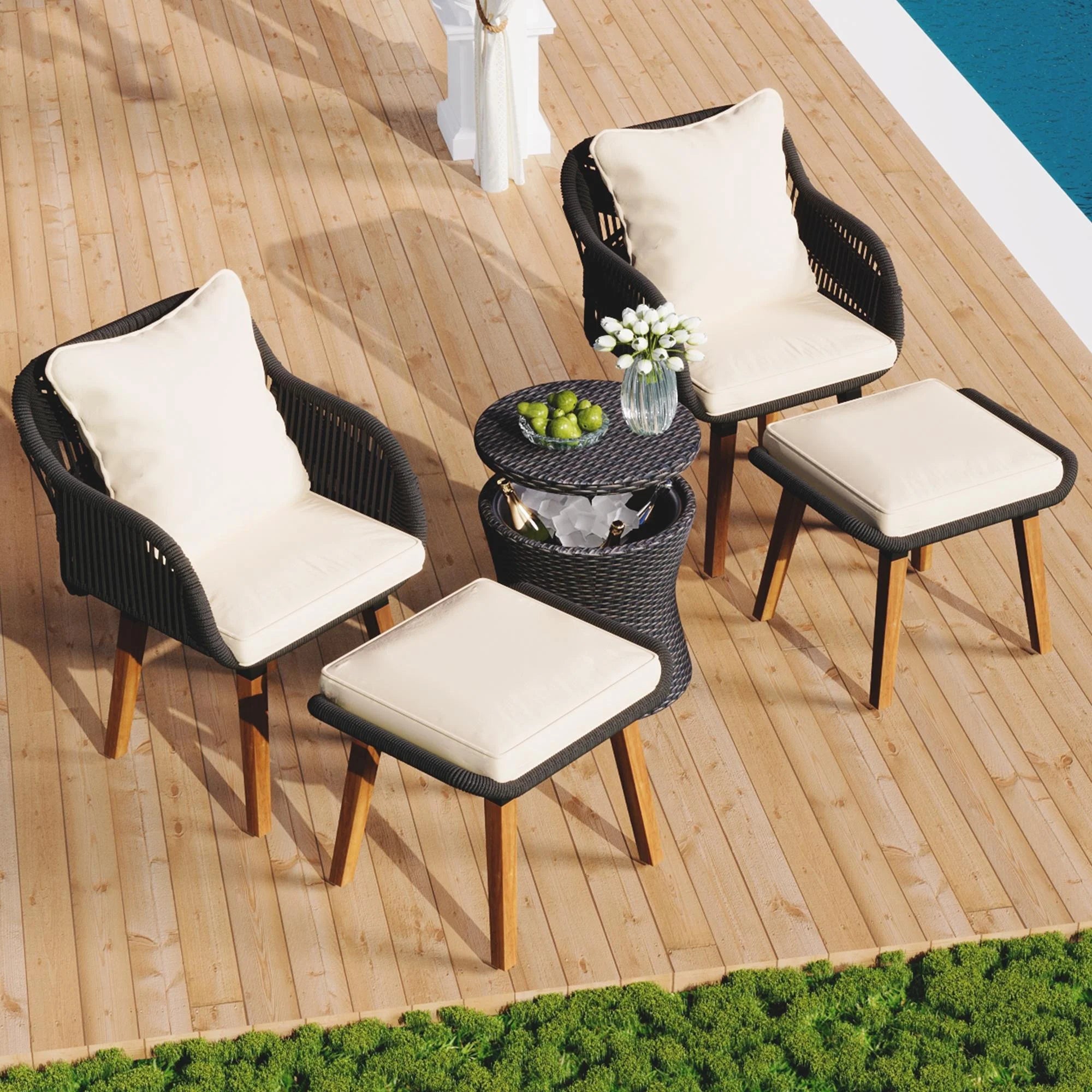 5-Piece All Weather Acacia Solid Wood and Rope Outdoor Bistro Set with Beige Cushion A915400