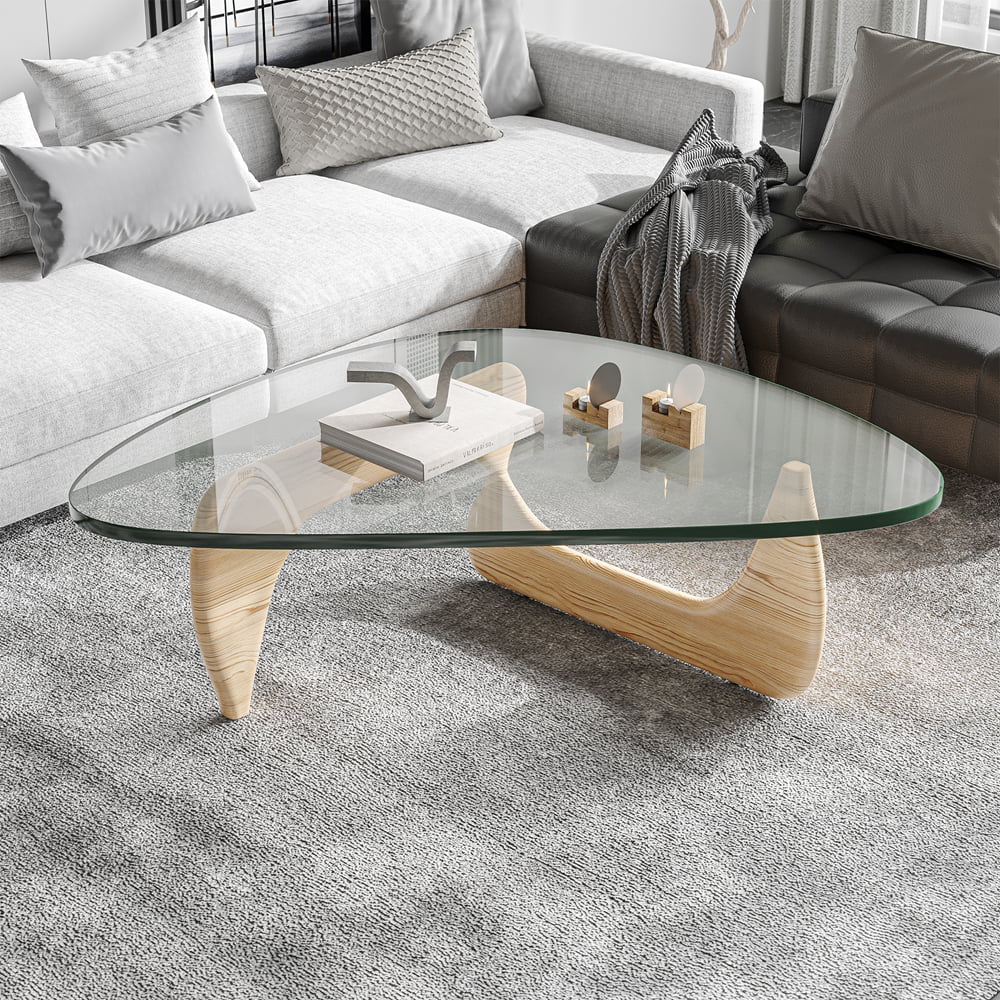 Triangle Tempered Glass Coffee Table Solid Wooden Base G393