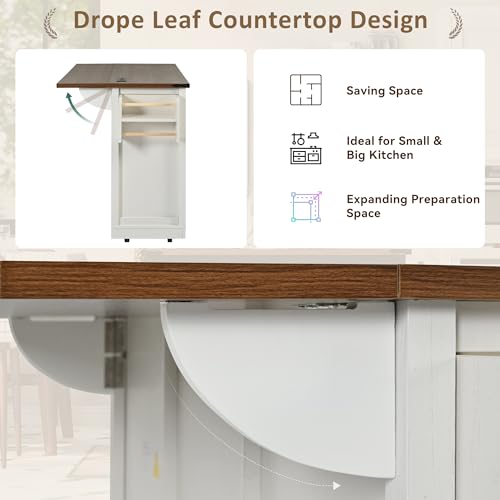 Rustic Kitchen Island With Power Outlet, Sliding Barn Doors, Drop Leaf, Drawers and Spice Rack H231543