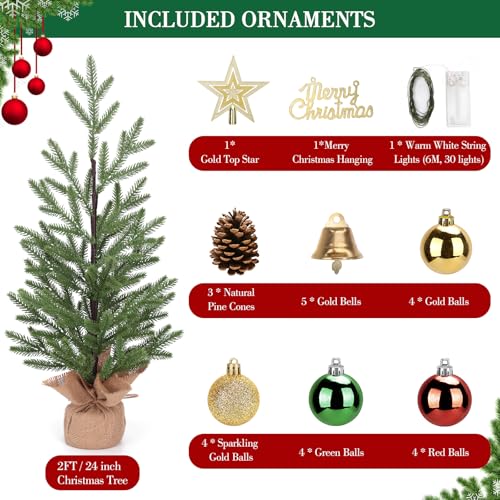 24-inch Mini Christmas Tree with 30 LED Lights & 26 Ornaments, PE Branch Tips & Cement Base E893929