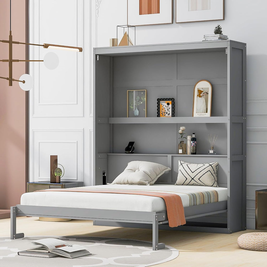 Gray Queen Size Murphy Bed with Shelves E382811