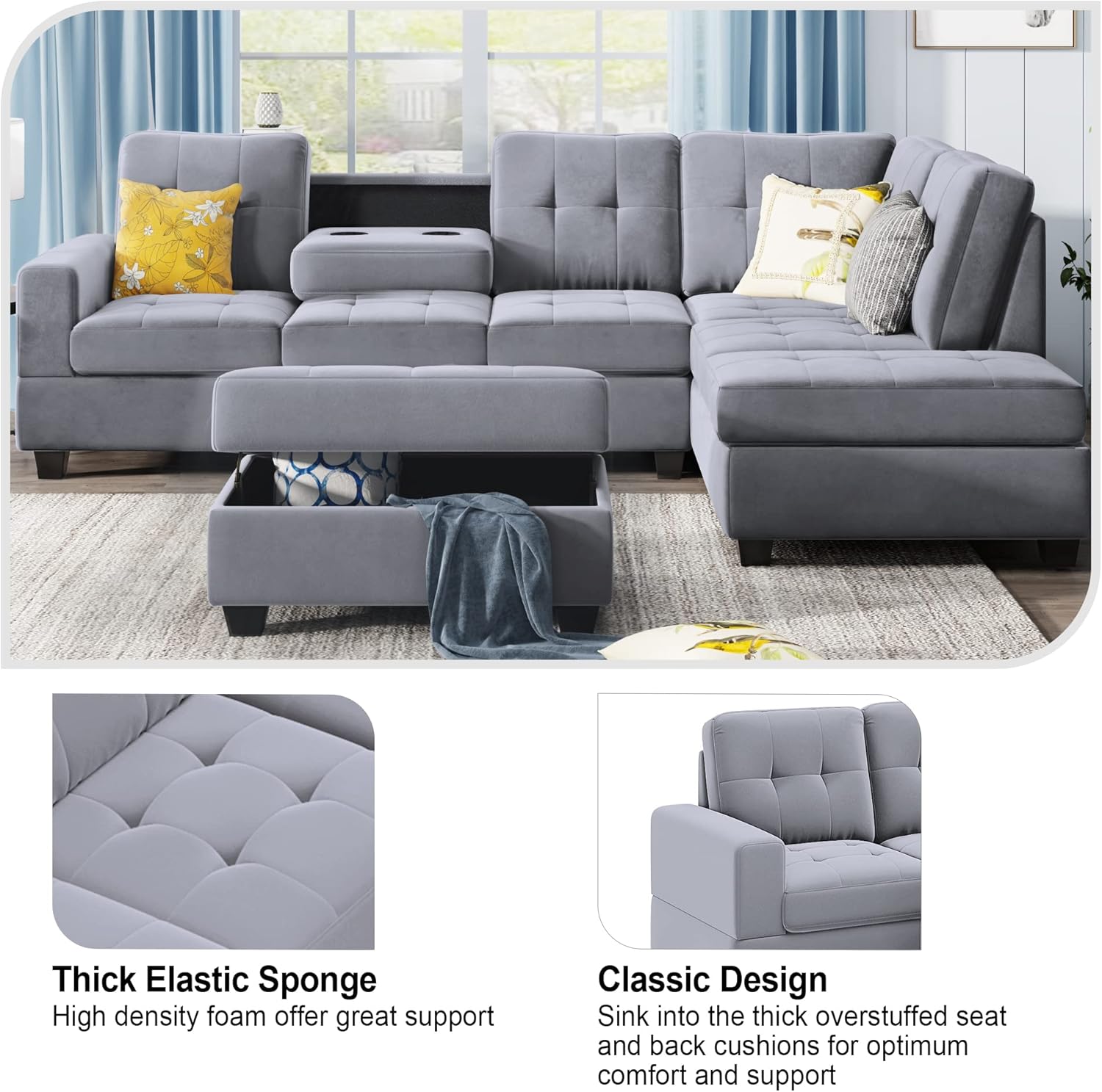 Linen Upholstered L Shaped Sofa Set with Ottoman Storage, Light Gray N2265