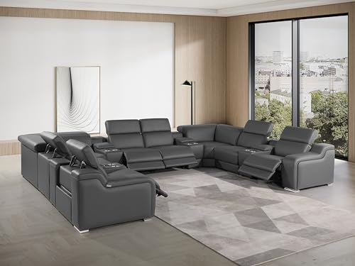 12-Piece Italian Leather Sectional Sofa Set with 4 Recliners, Light Gray G10877