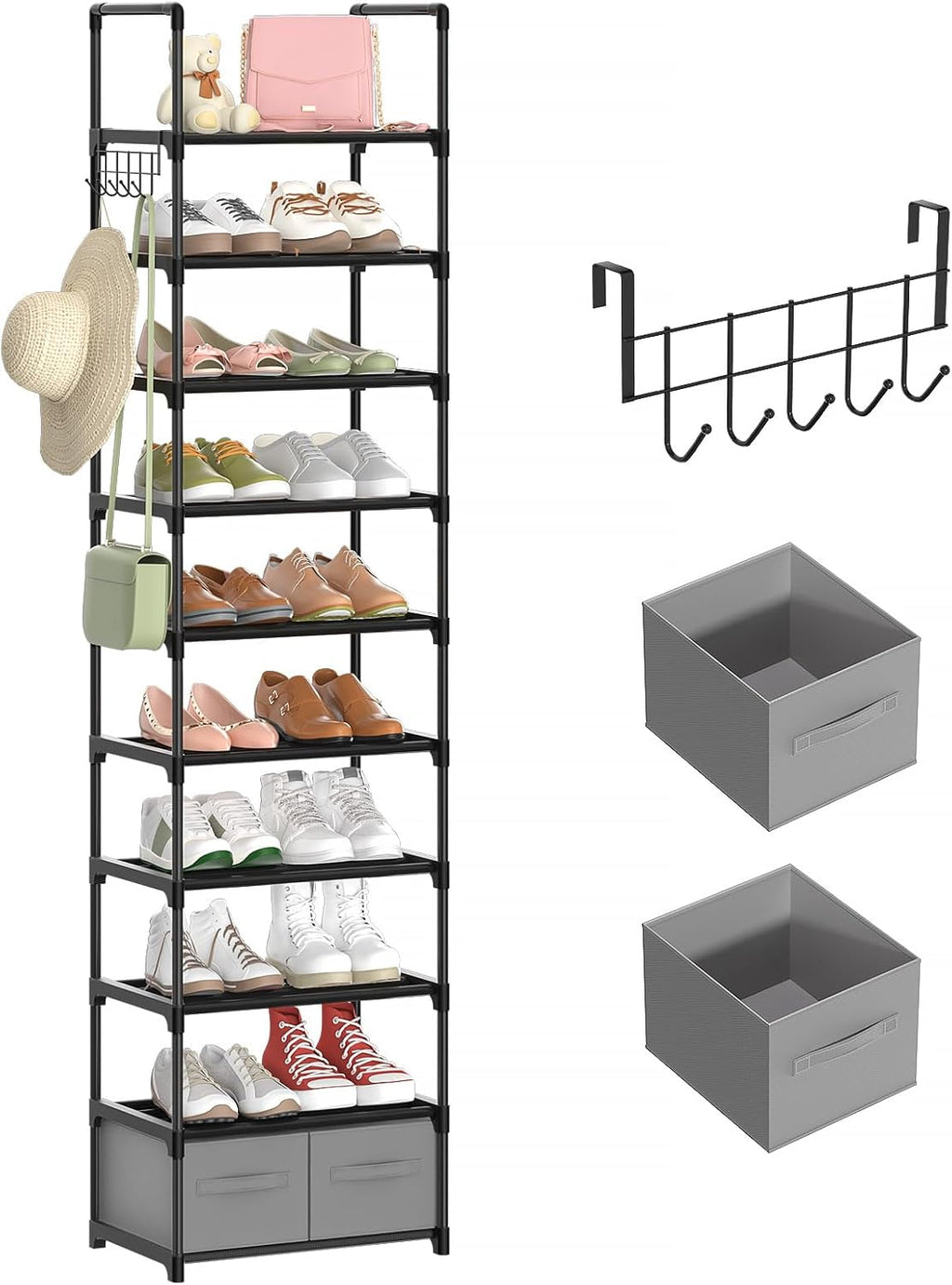 10 Tiers Metal Narrow Black Shoe Rack with 2 Boxes and 1 Hook M248643