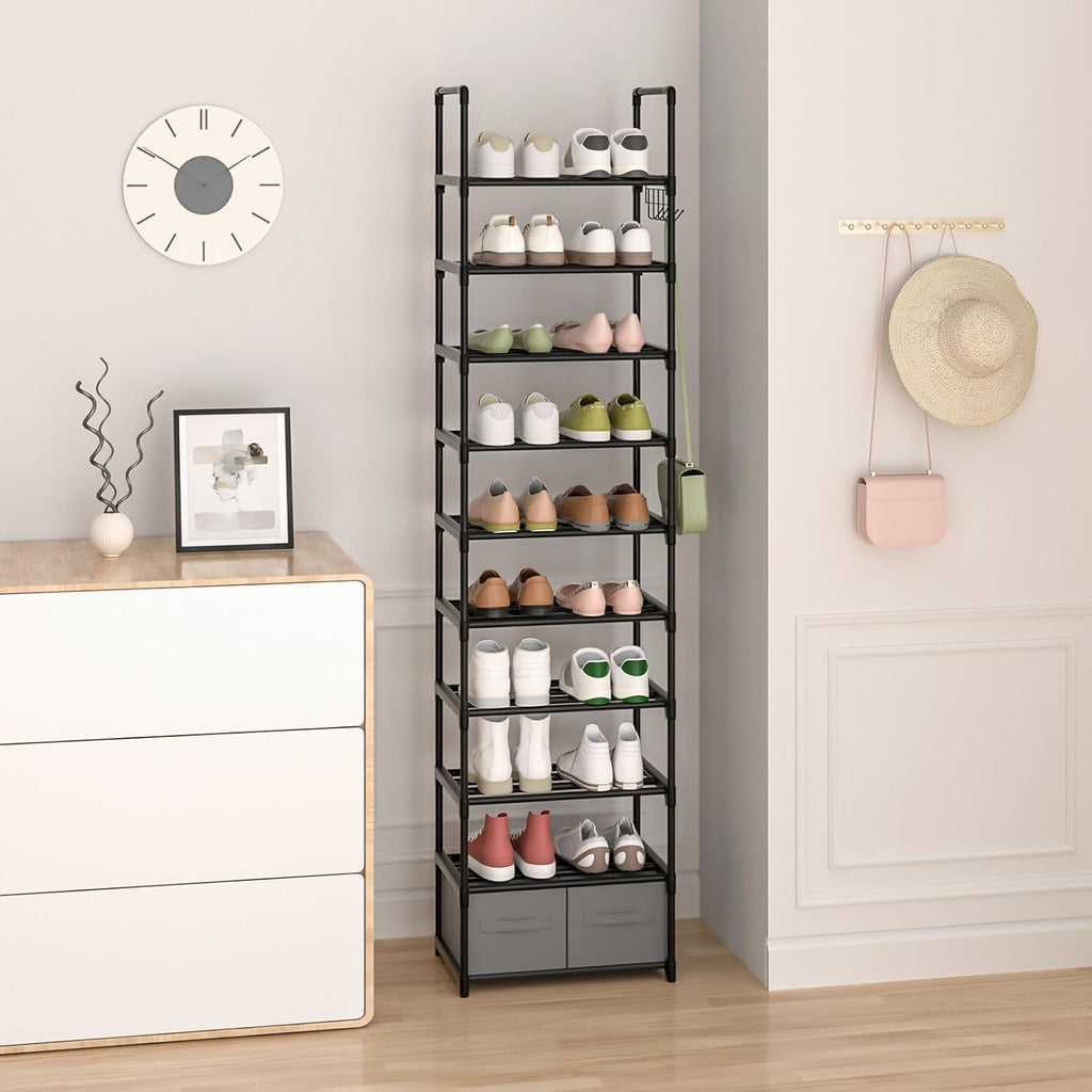 10 Tiers Metal Narrow Black Shoe Rack with 2 Boxes and 1 Hook M248643