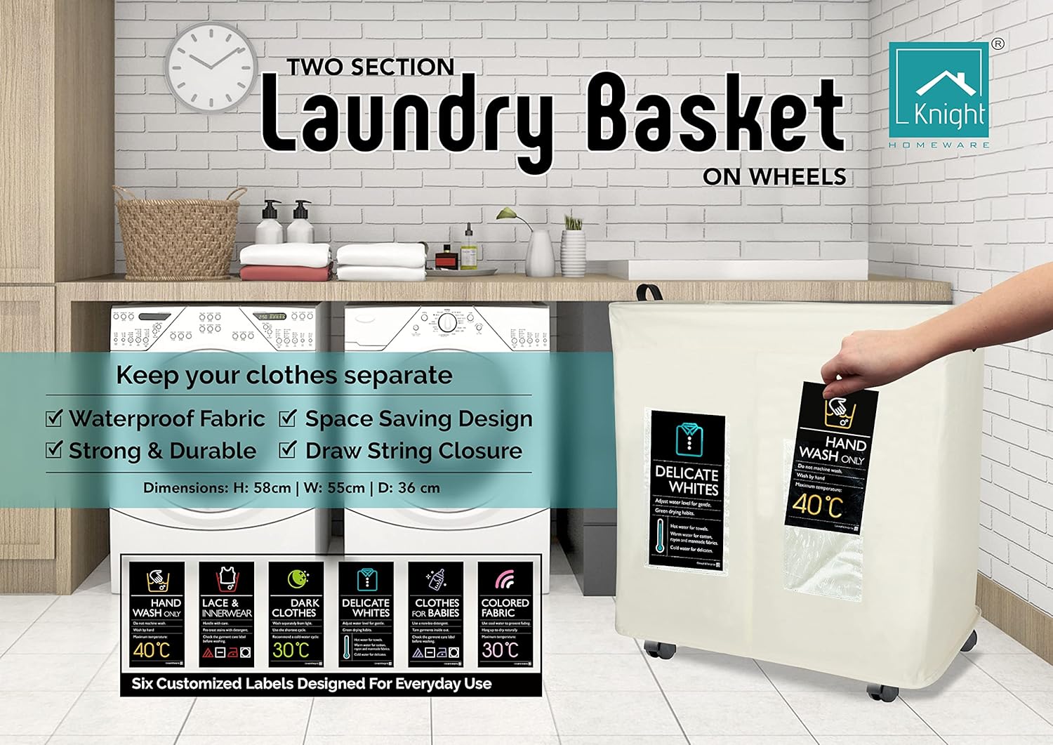 120L Collapsible Laundry Basket with Wheels, 2 Section, Mesh Cover, Handles, Ivory I50558