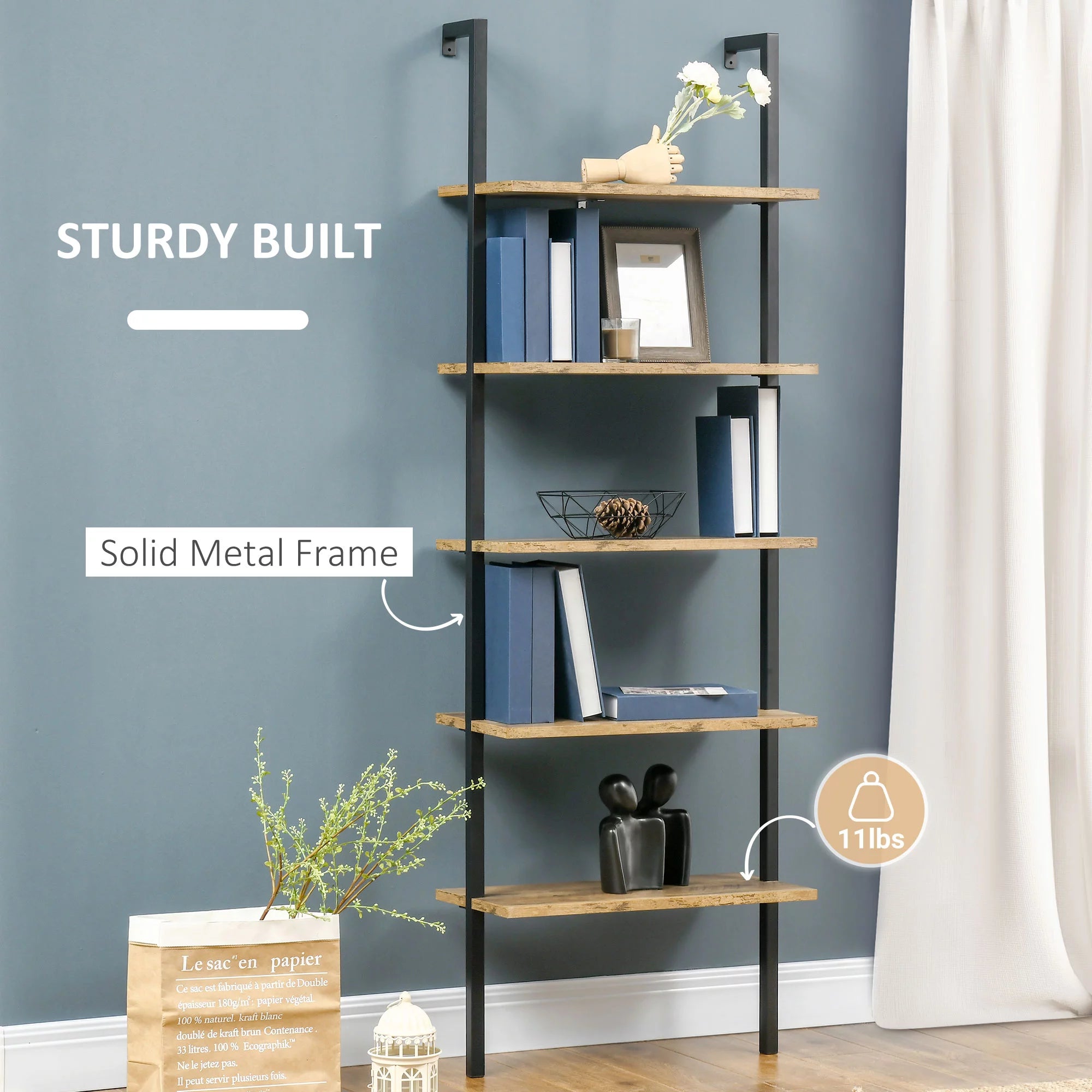 Brown 5 Tier Ladder Shelf with Metal Frame A652