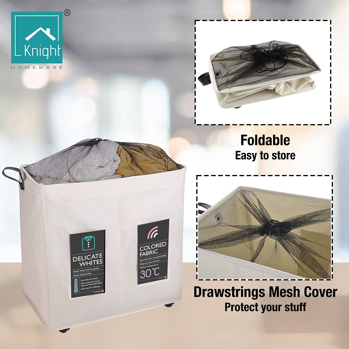 120L Collapsible Laundry Basket with Wheels, 2 Section, Mesh Cover, Handles, Ivory I50558
