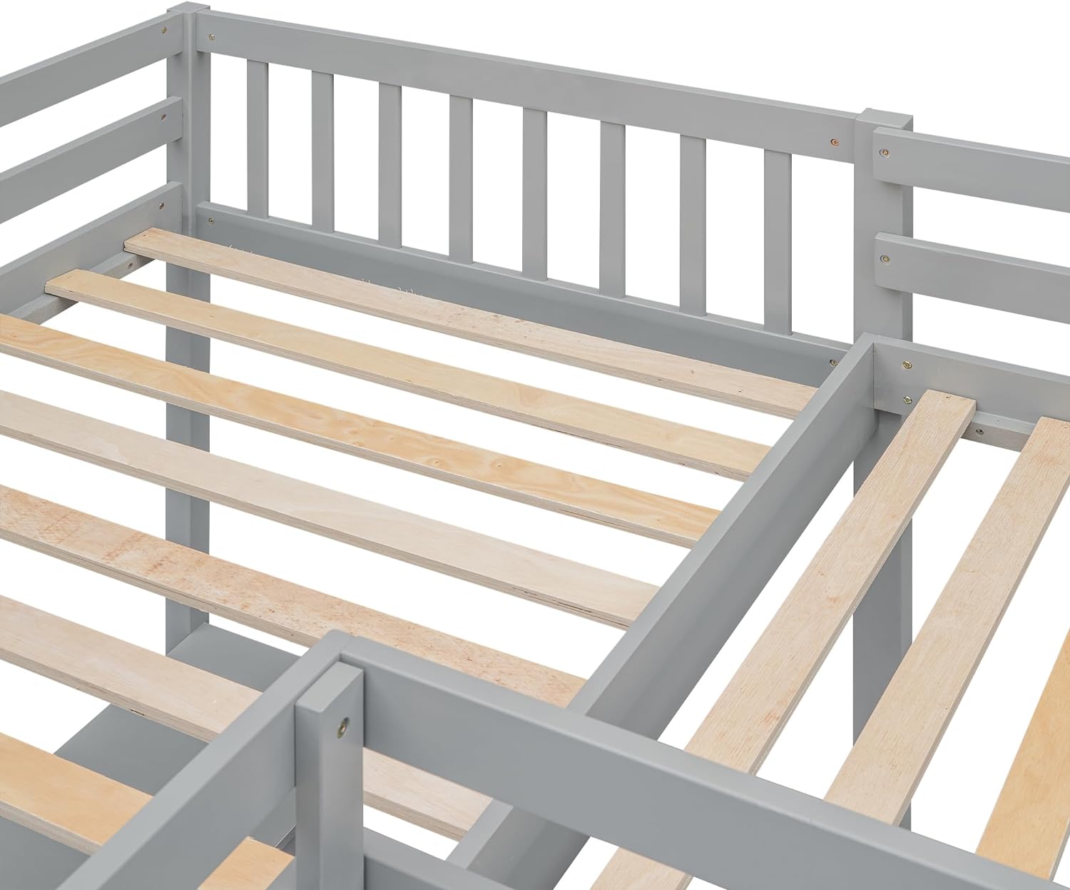 Gray Wooden L-Shaped Double Twin Size Loft Bed Frame with 2 Built-in Desks and Ladder E654