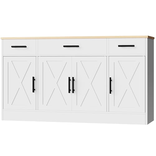 White 53.4" Wood Buffet Cabinet with 3 Drawers and 4 Doors N2279