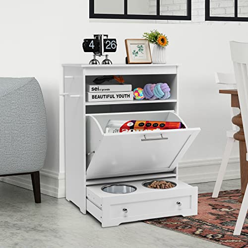 White Dog Food Storage Cabinet with 2 Raised Dog Bowls K24780