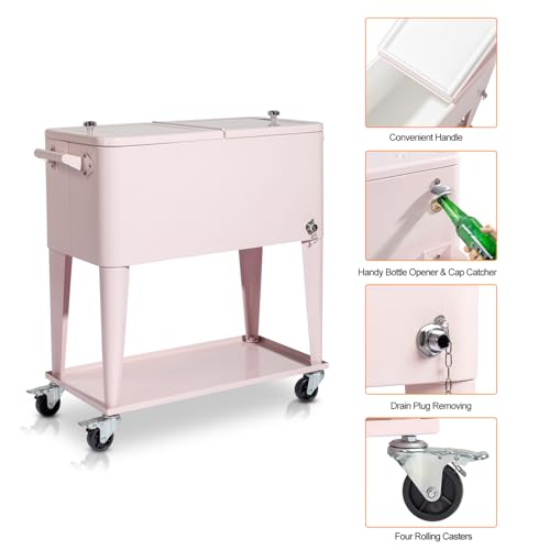 80 Quart Rolling Ice Chest on Wheels Drink Cooler Cart with Shelf R537549