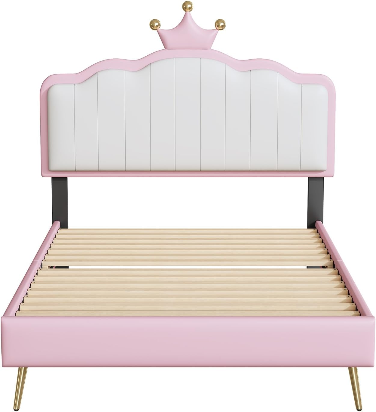 White and Pink Twin Upholstered Platform Bed with Light Strips and Golden Metal Legs L931996