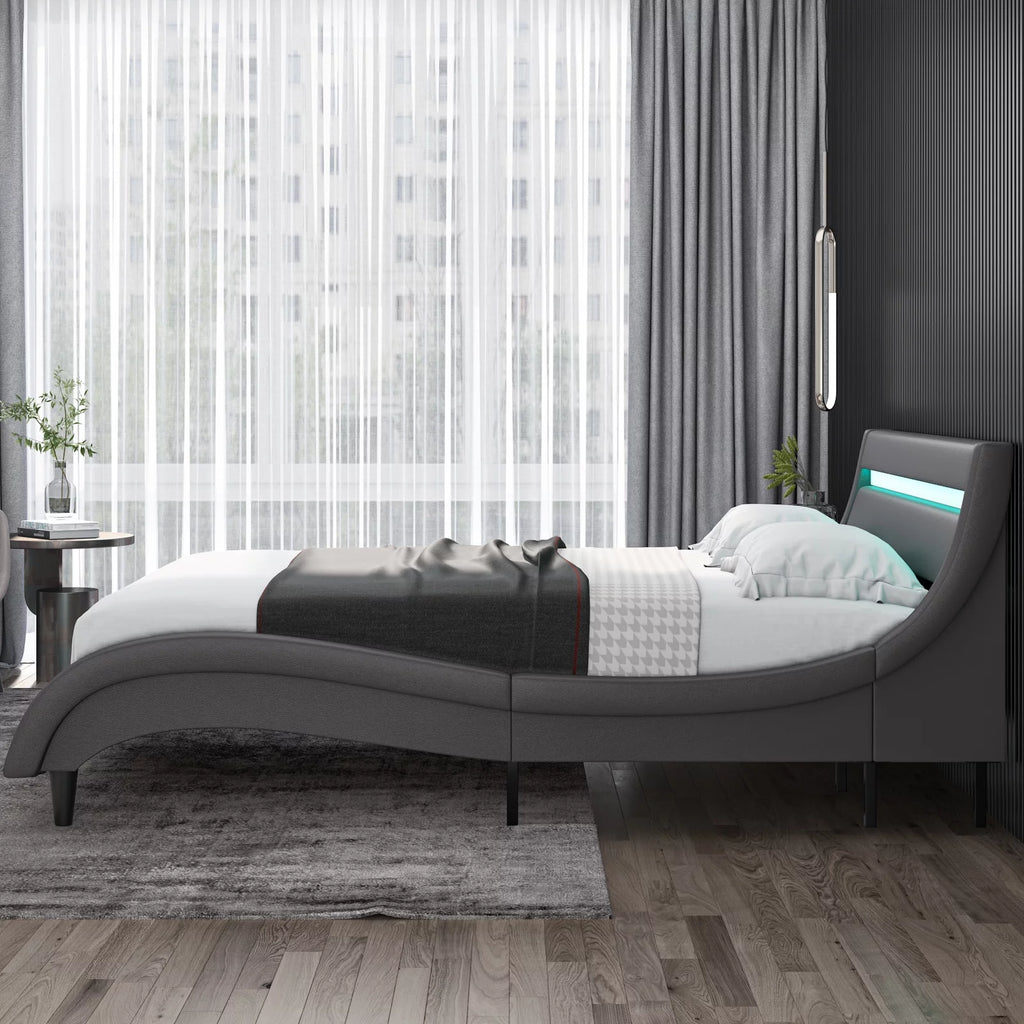 Gray Queen Size Led Bed Frame with Adjustable Upholstered Headboard H770