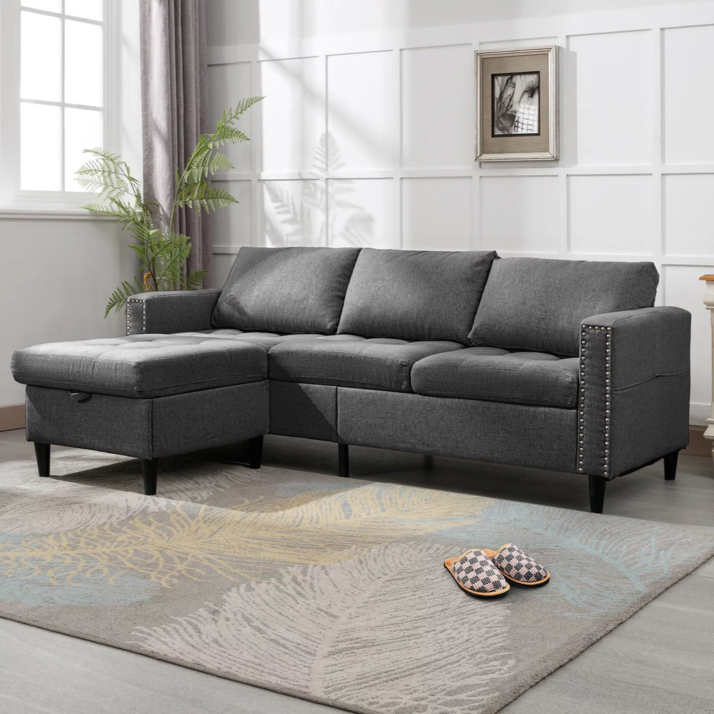 Reversible Sectional Couch, 3 Seat L Shaped Modular Sleeper Sofa Bed with Storage Ottoman Chaise, Dark Grey O42958
