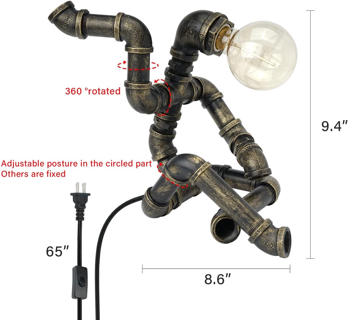 Bronze Iron Pipe Table Lamp with Button Switch J66513