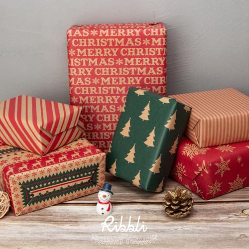 6 Rolls Kraft Christmas Wrapping Paper with Snowflake/Tree/Red Stripe/Merry Christmas Pattern, 17 inch x 120 inch Per Roll P58520