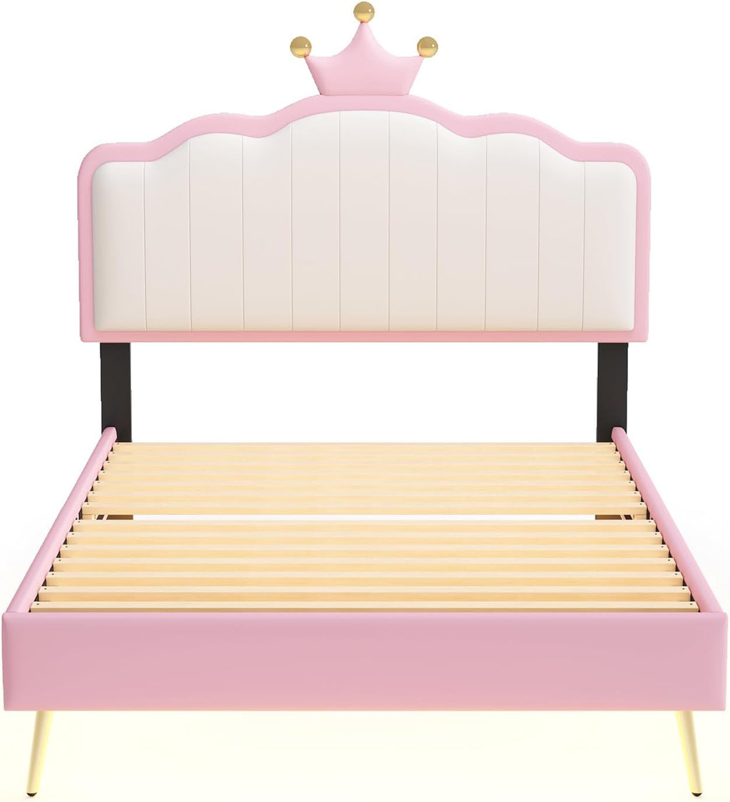 White and Pink Twin Upholstered Platform Bed with Light Strips and Golden Metal Legs L931996