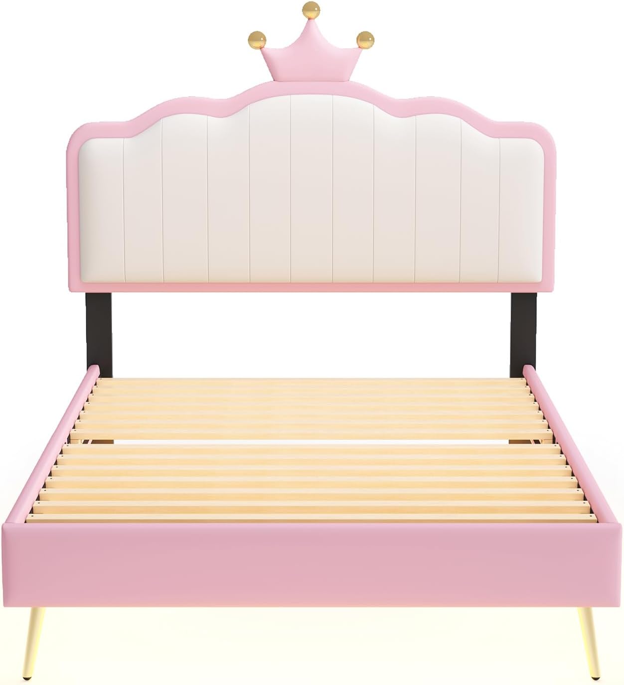 White and Pink Twin Upholstered Platform Bed with Light Strips and Golden Metal Legs L931996