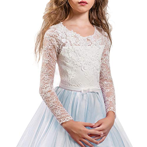 Girls Long Sleeve Lace Flower Wedding Bridesmaid Party Dresses Floor Length Tulle Ball Gown V455