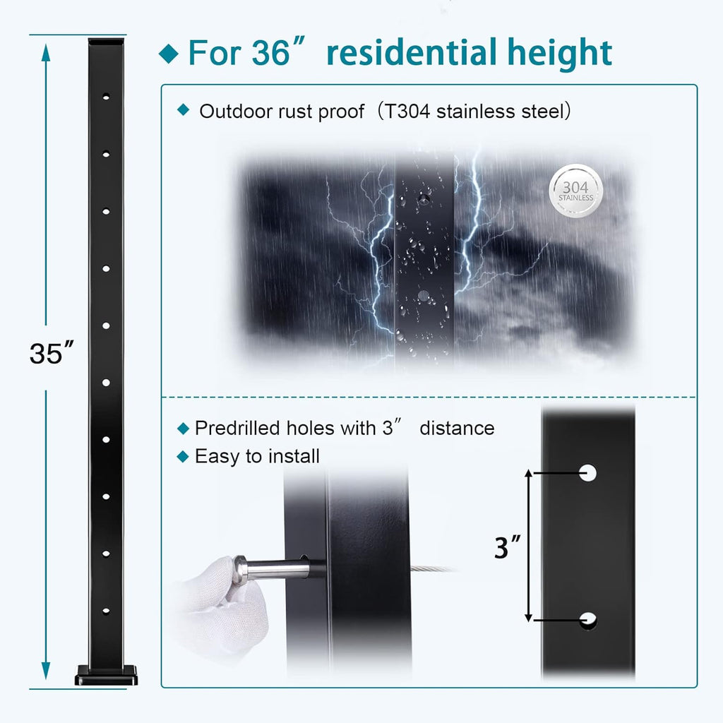 4Pack 36''x2''x2'' Black Square Weldless Stainless Steel Pre-Drilled Cable Railing Post Q3519
