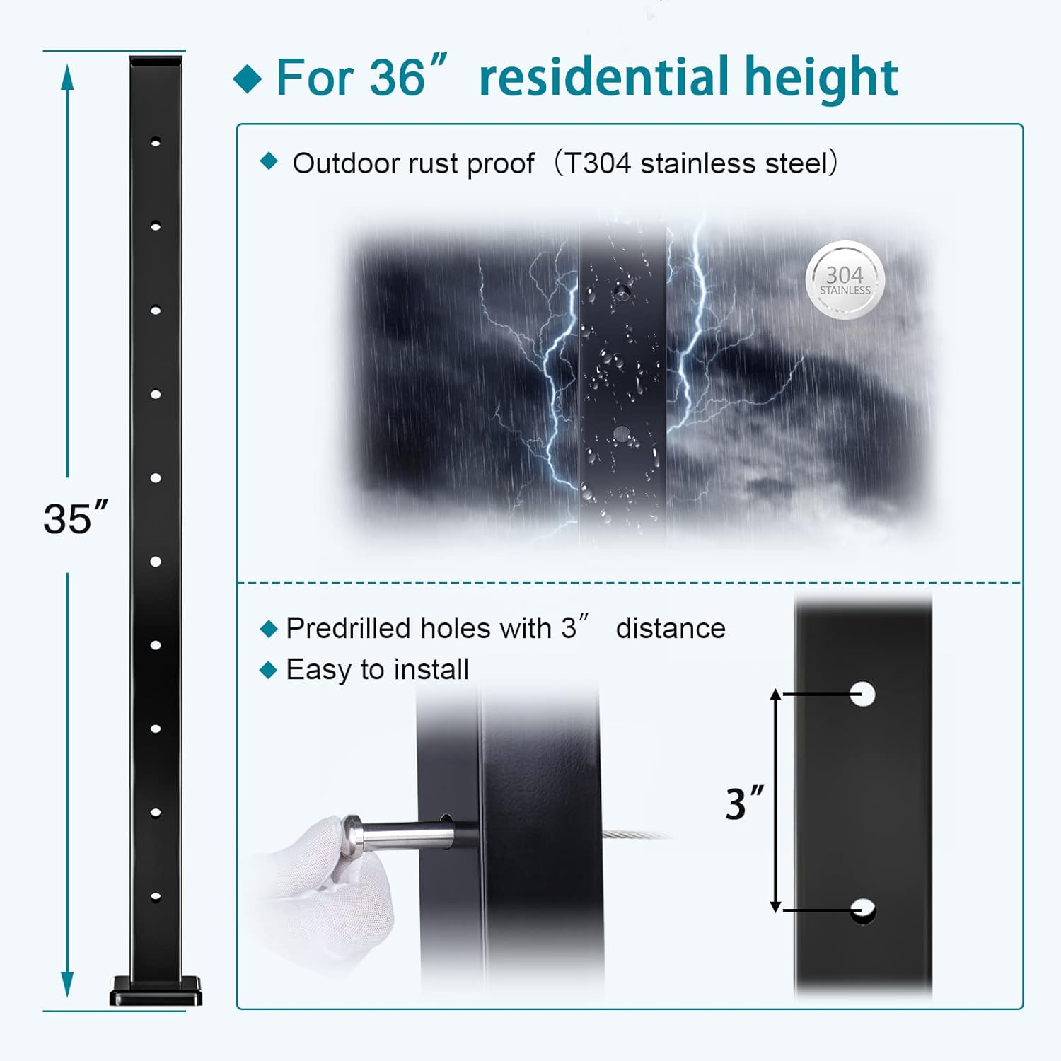 4Pack 36''x2''x2'' Black Square Weldless Stainless Steel Pre-Drilled Cable Railing Post Q3519