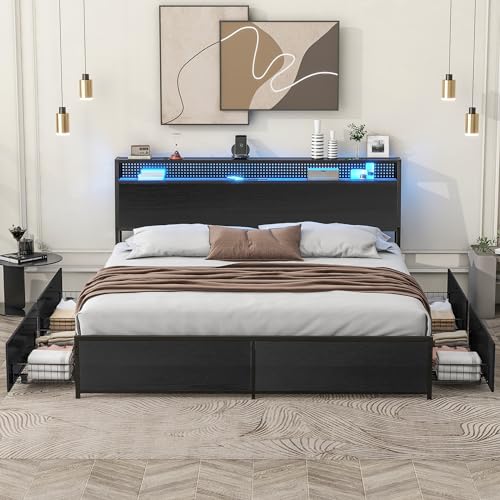 Queen Bed Frame with LED Lights, Metal Platform Bed Frame with 4 Storage Drawers, Tall Bookcase Headboard and Charging Station, Black D867