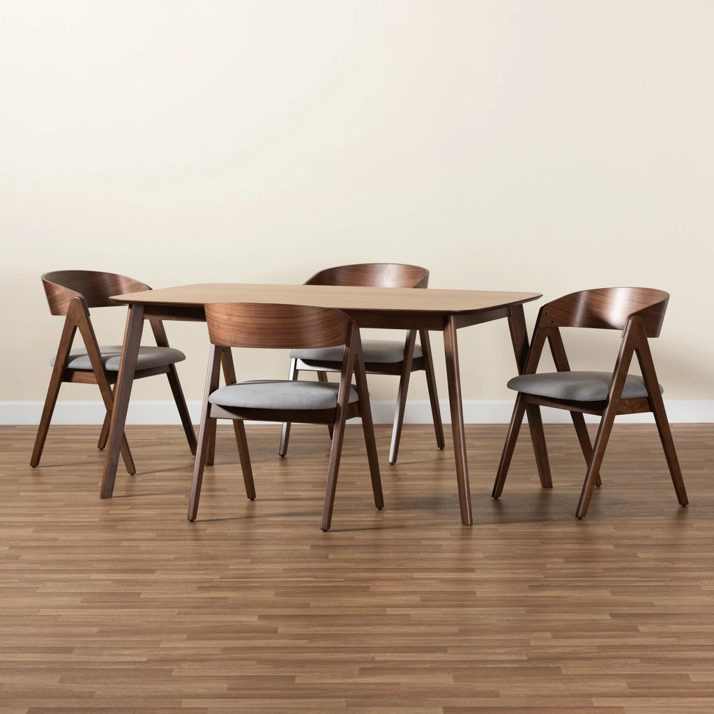 Grey Fabric Upholstered and Walnut Brown Finished Wood 5-Piece Dining Set B705990