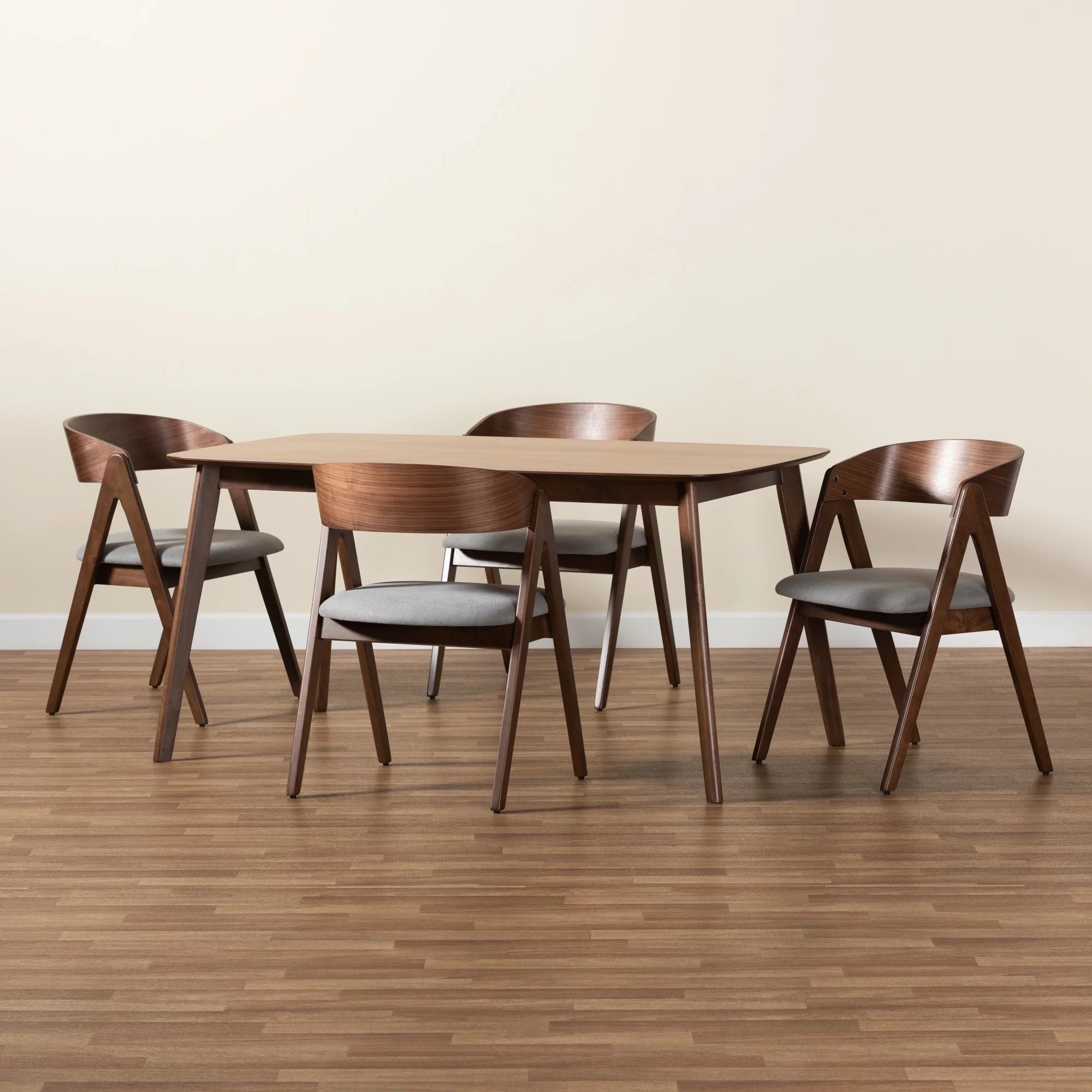 Grey Fabric Upholstered and Walnut Brown Finished Wood 5-Piece Dining Set B705990