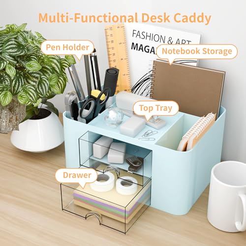 Blue Plastic Desk Organizer with 2 Drawer and 5 Compartments G543769
