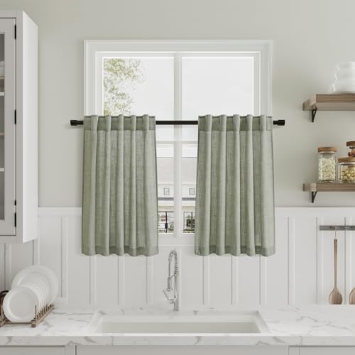 Beige Semi Sheer Linen Textured Tier Curtains 36 Inch Length 2 Panels T483301
