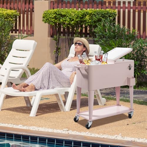 80 Quart Rolling Ice Chest on Wheels Drink Cooler Cart with Shelf R537549