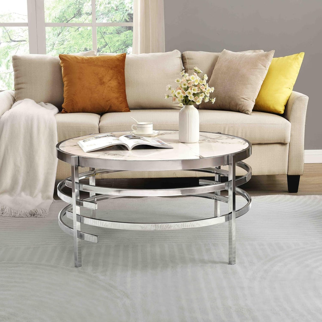 Modern Round Coffee Table with Faux Marble Sintered Stone & Silver Metal Frame B41328