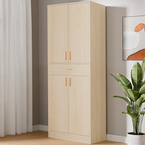 71" Tall 4 Doors Wood Freestanding Cupboard with Sliding Drawer and 2 Adjustable Shelves, Oak K5887
