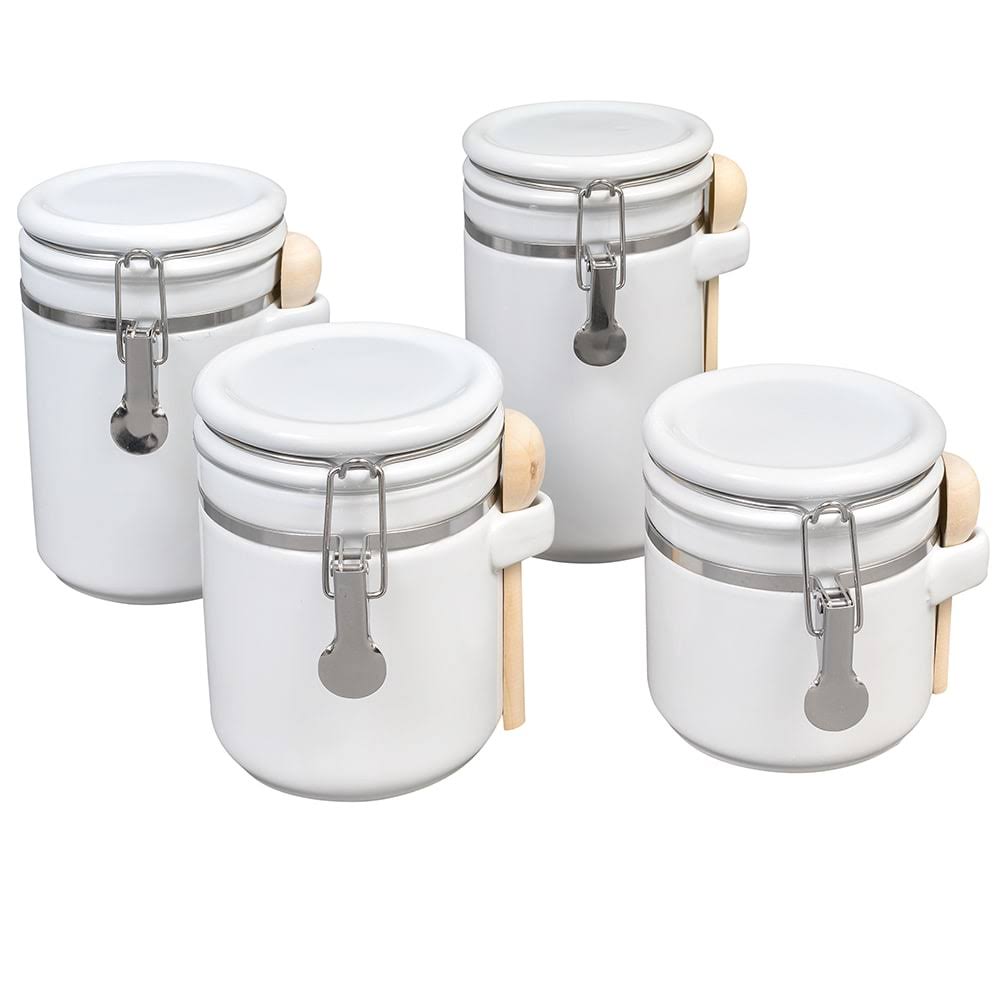 4-Piece Ceramic Canister Set with Clamp Lid and Wooden Spoon, White S19496