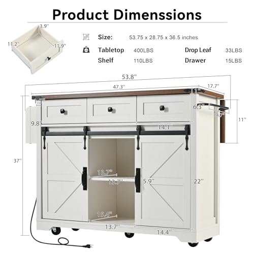 Rustic Kitchen Island With Power Outlet, Sliding Barn Doors, Drop Leaf, Drawers and Spice Rack H231543