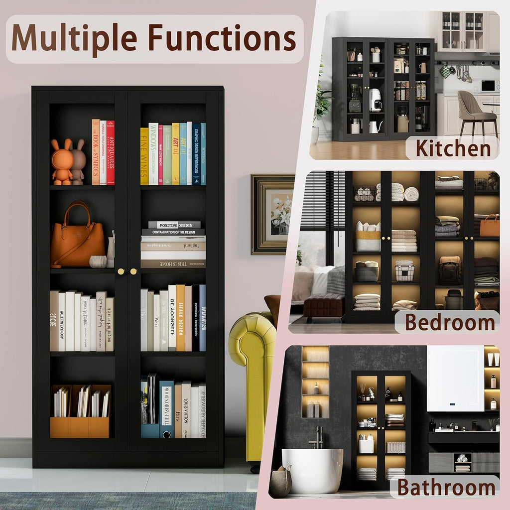 Black Glass Display Cabinet with LED Light, 3 Adjustable Shelves T7327