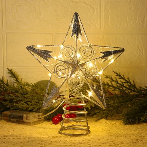 Star Tree Topper with 20 LED Lights, Metal Golden Lighted Treetop Ornaments, 6.5 x 6.5 Inches T48444