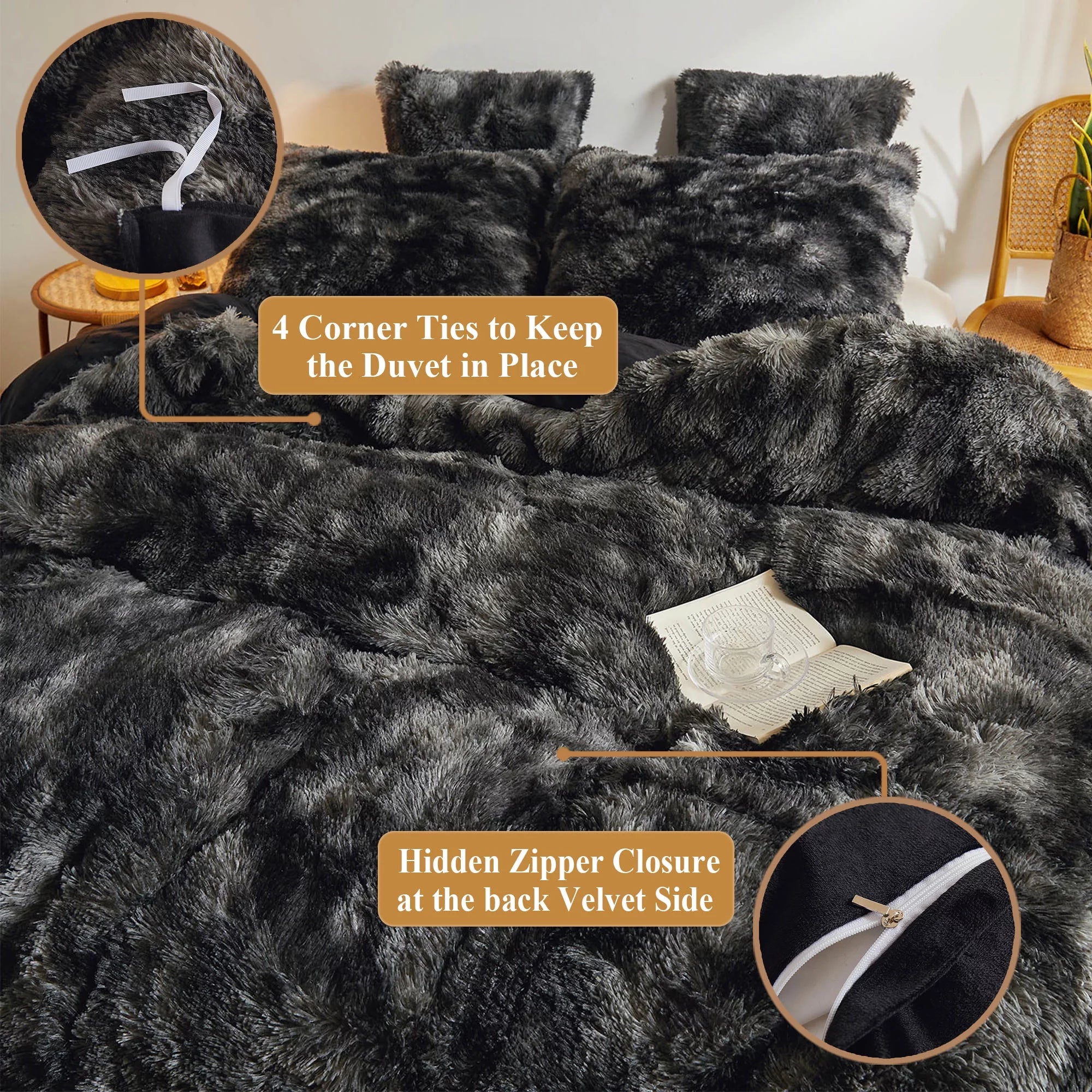 Tie Dye Plush Shaggy Duvet Cover Set, 3 Pieces Velvet Fluffy Furry Bedding Set, Queen W759