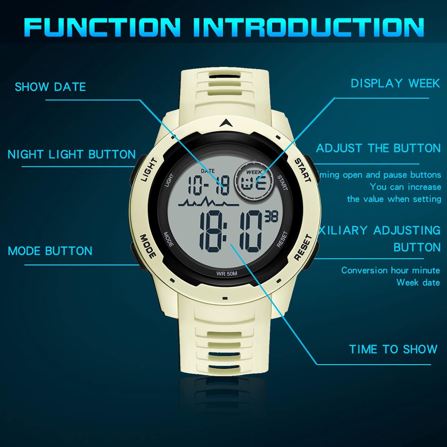 Mens Digital Sports Watch Solar Powered Waterproof Stopwatch M79074